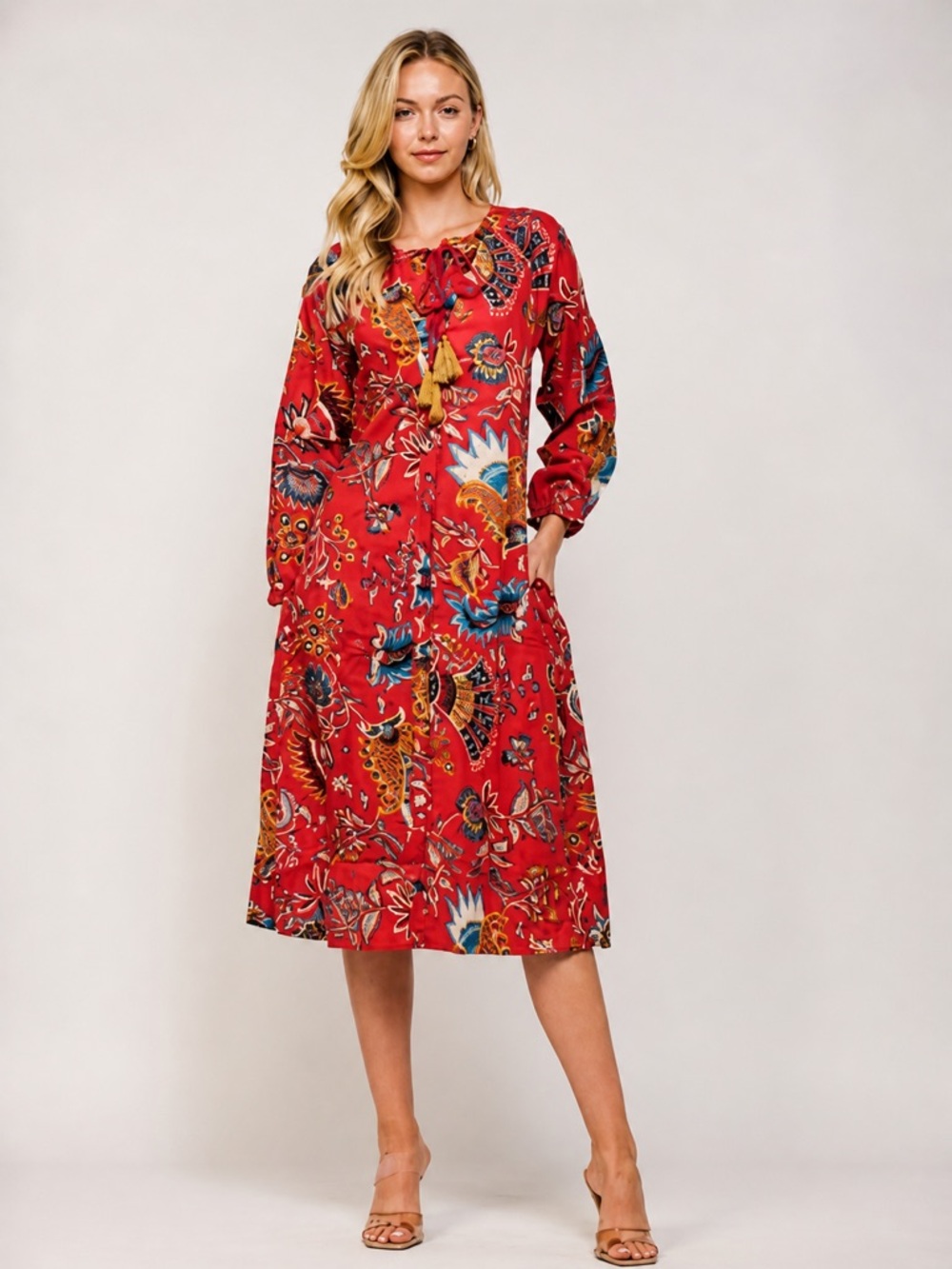 RAJ Red  Midi Dress XL
NWT Tassel Tie Floral Print